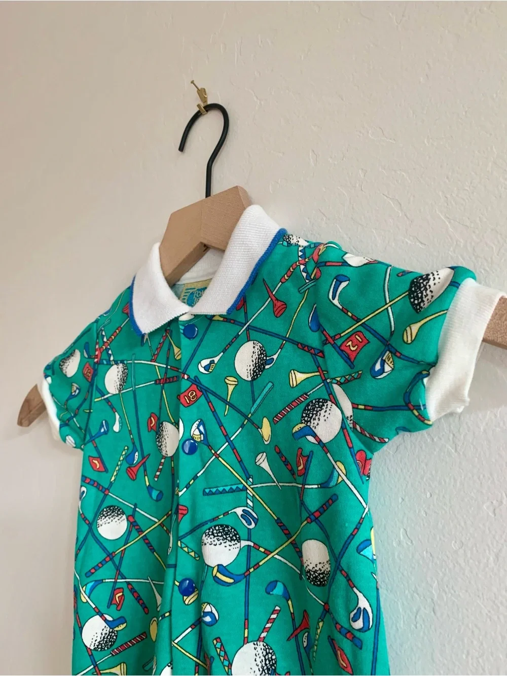 Vintage Baby - Golf Print - Button Romper with Collar